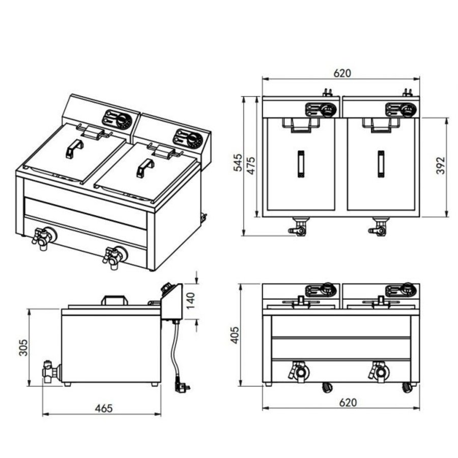 Table de friteuse | acier inoxydable | 2x 8L | 230V | 620 x 545 x 305 mm
