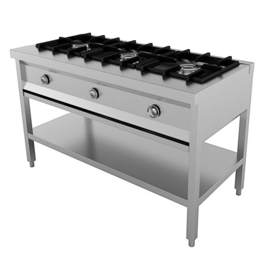 Gas hob | Stainless steel | Under-shelf | 3x 6.5kW | 1290 x 600 x 800 mm