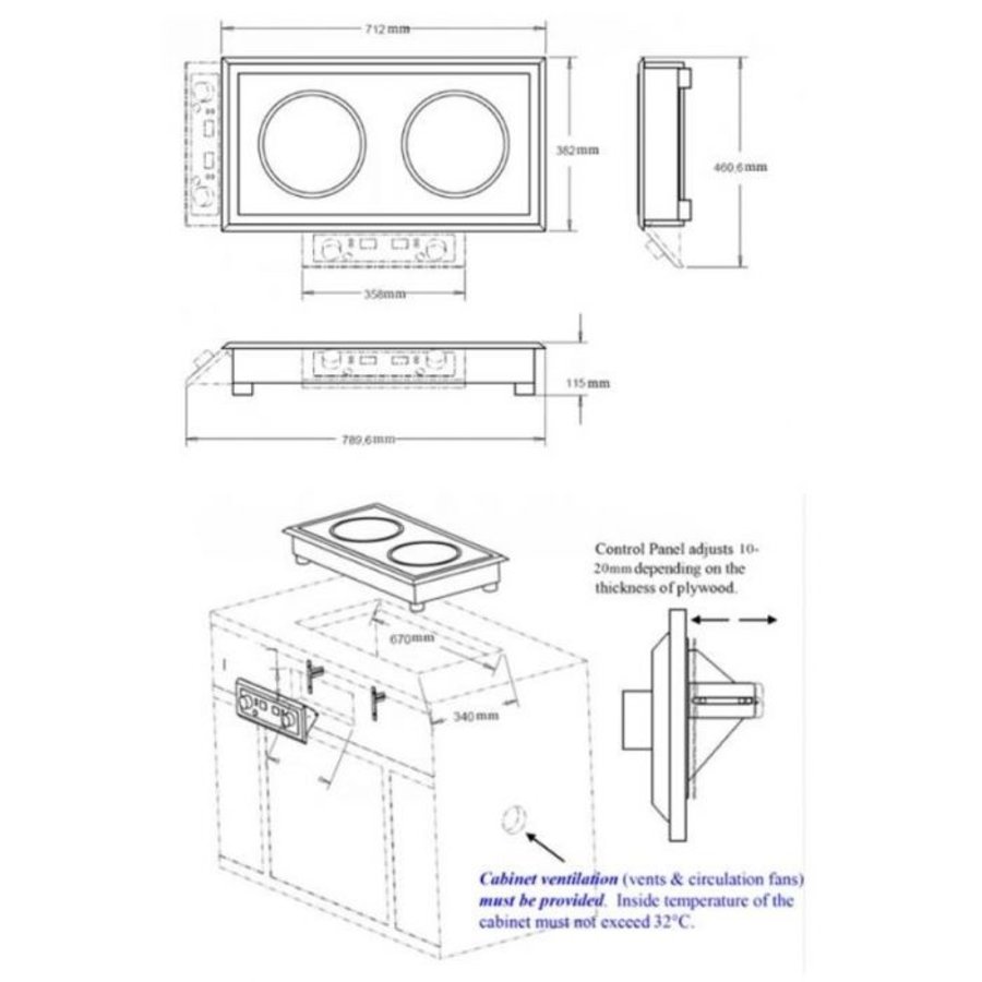Built-in induction hob | 2-burner | Stainless steel | 712 x 382 x 115 mm