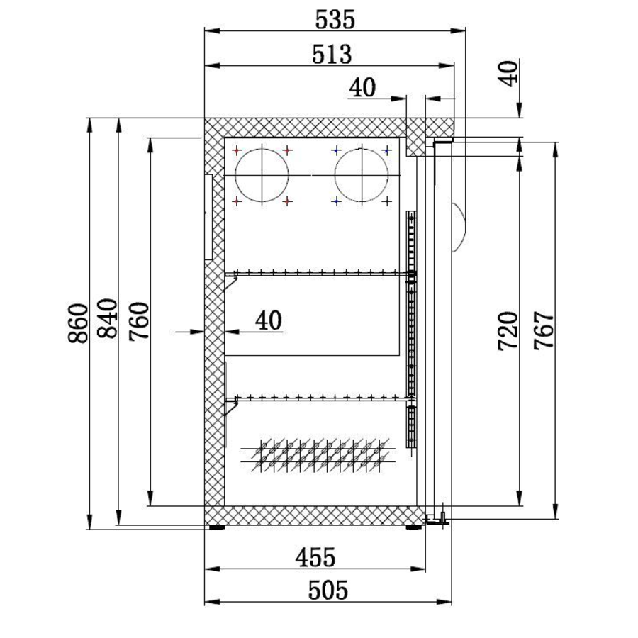 Bar cooler | Steel | Black | 2 Glass doors | 535 x 1462 x 860mm