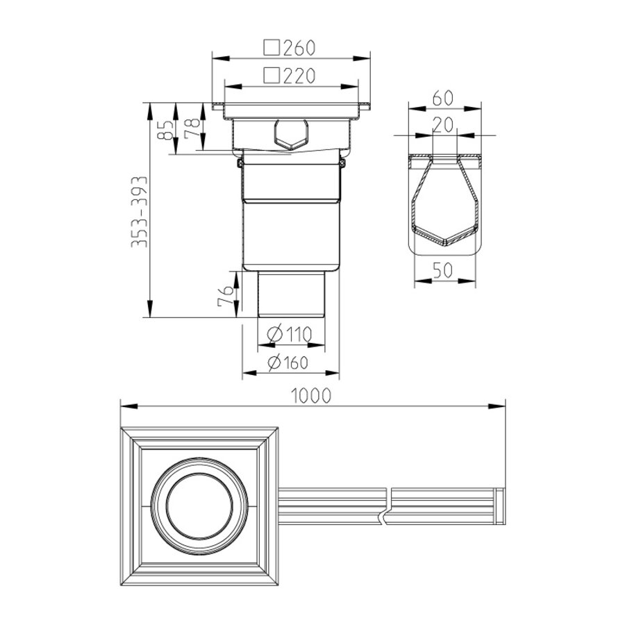 Floor drain slotted gutter | stainless steel | 1000x20mm | 3.70 l/s