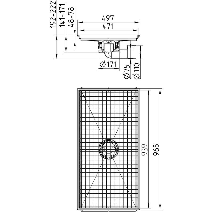 Vloerput| 965 x 497mm | 1,50 l/s - 2,00 l/s | RVS