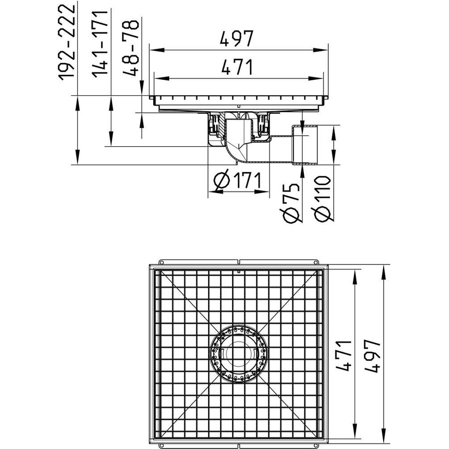 Keukengoot| RVS |  497 x 497 mm 1,50 l/s - 2,00 l/s