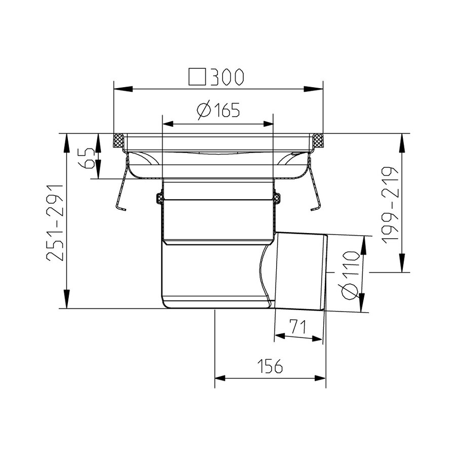 Floor drain | 300 x 300 mm | stainless steel 304 | horizontal connection | 3.70 l/s