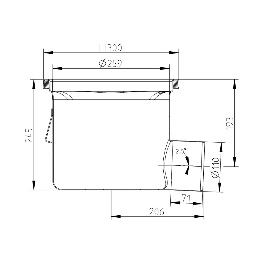 Vloerput | 300 x 300 mm | RVS 304 | horizontale aansluiting  | 7,80 l/s