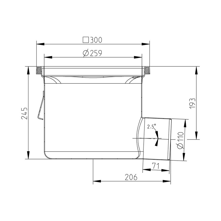 Floor drain | 300 x 300 mm | stainless steel 304 | horizontal connection | 7.80 l/s