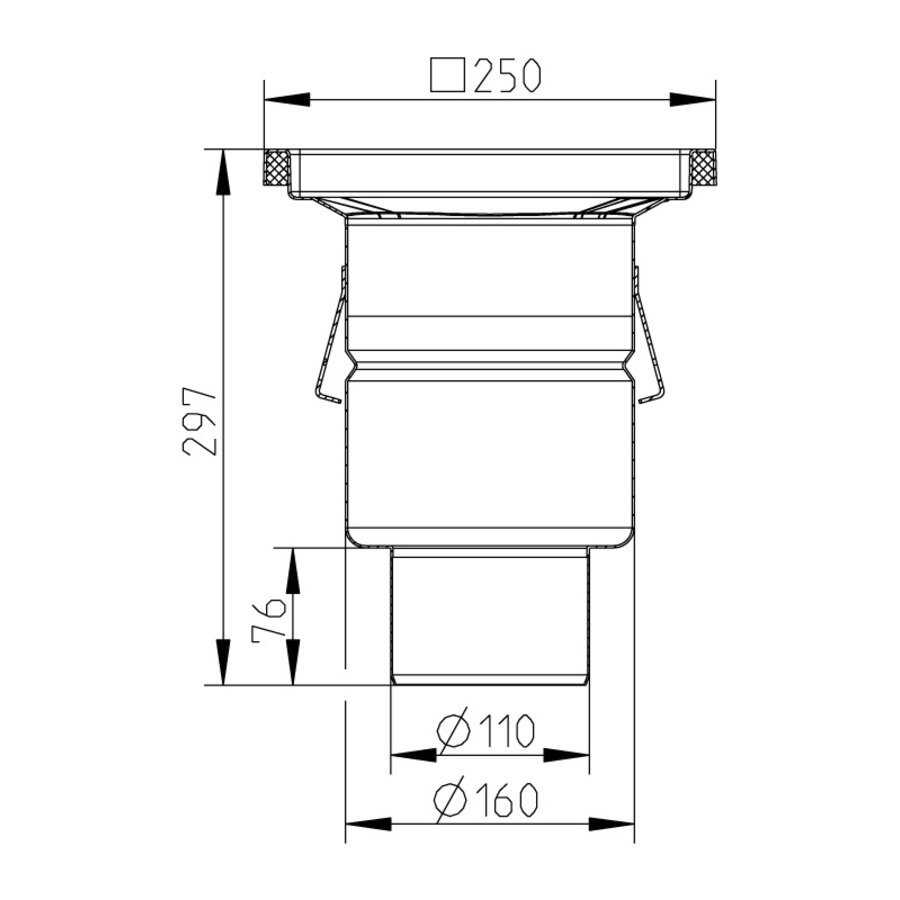 Vloerput | 250 x 250 mm | RVS 304 | verticale aansluiting  | 3,70 l/s