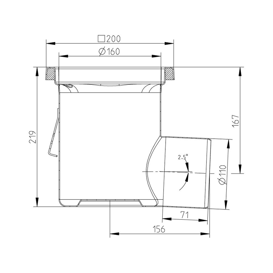 Vloerput | 200 x 200 mm | RVS 304 | horizontale aansluiting  | 3,70 l/s