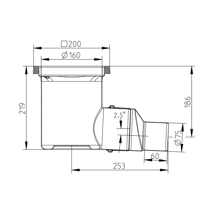 Bodenablauf | 200 x 200 mm | Edelstahl 304 | horizontale Verbindung | 3,70 l/s