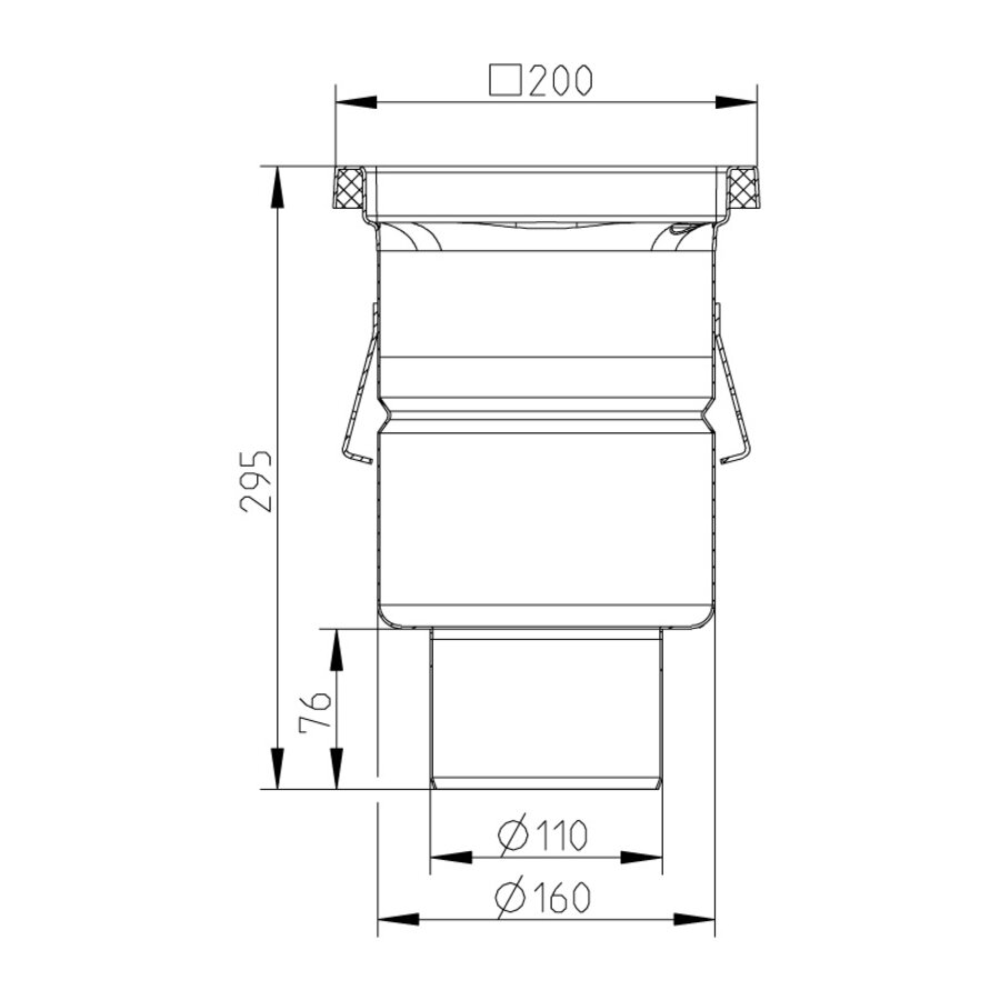 Vloerput | 200  x 200 mm | RVS 304 | verticale aansluiting  | 3,70 l/s
