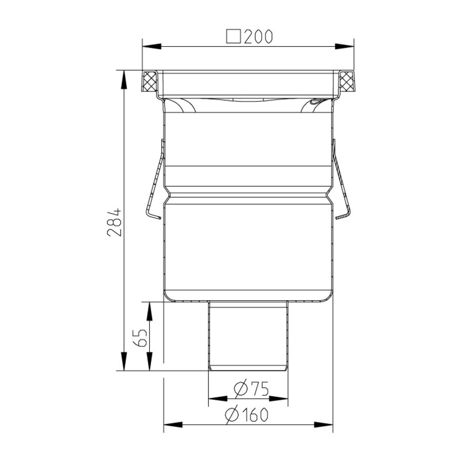 Vloerput | 200  x 200 mm | RVS 304 | verticale aansluiting  | 3,70 l/s