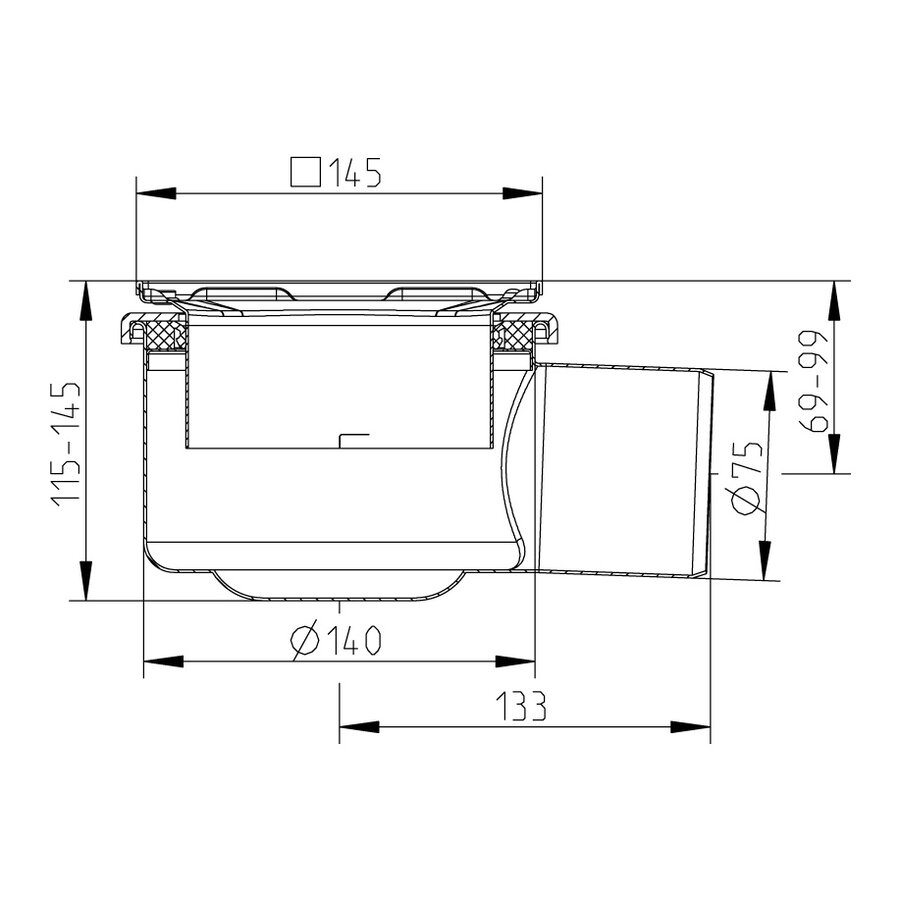 Bodenablauf | 200 x 200 mm | Edelstahl 304 | horizontale Verbindung | 3,70 l/s