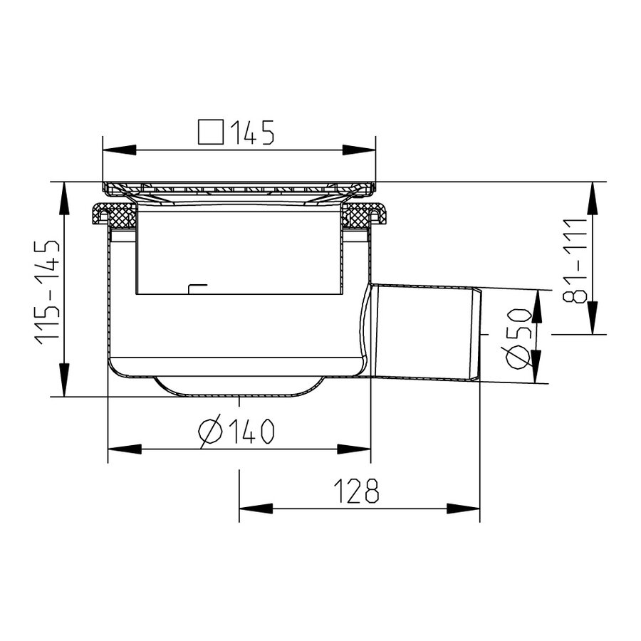 Bodenablauf | 145 x 145 mm | Edelstahl 304 | horizontale Verbindung | 1,40 l/s