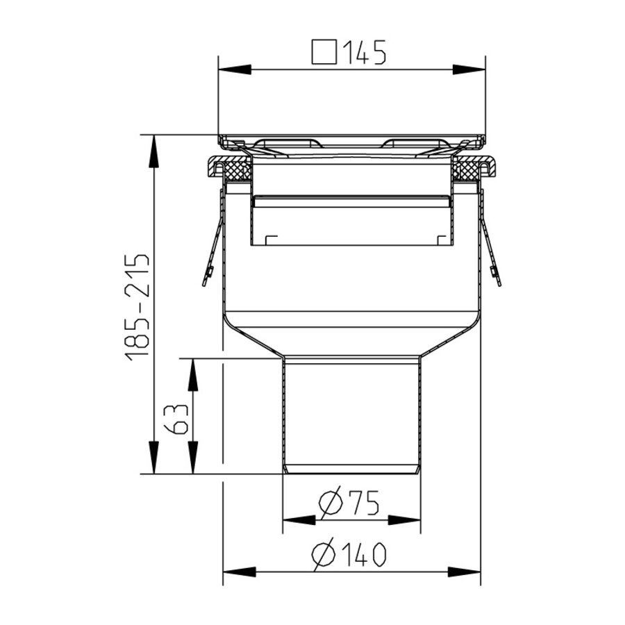 Bodenablauf | 145 x 145 mm | Edelstahl 304 | vertikale Verbindung | 1,40 l/s