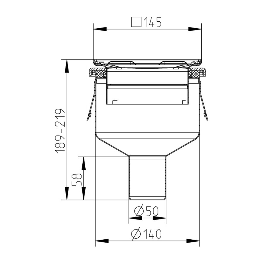 Vloerput | 145 x 145 mm | RVS 304 | verticale aansluiting  | 1,40 l/s