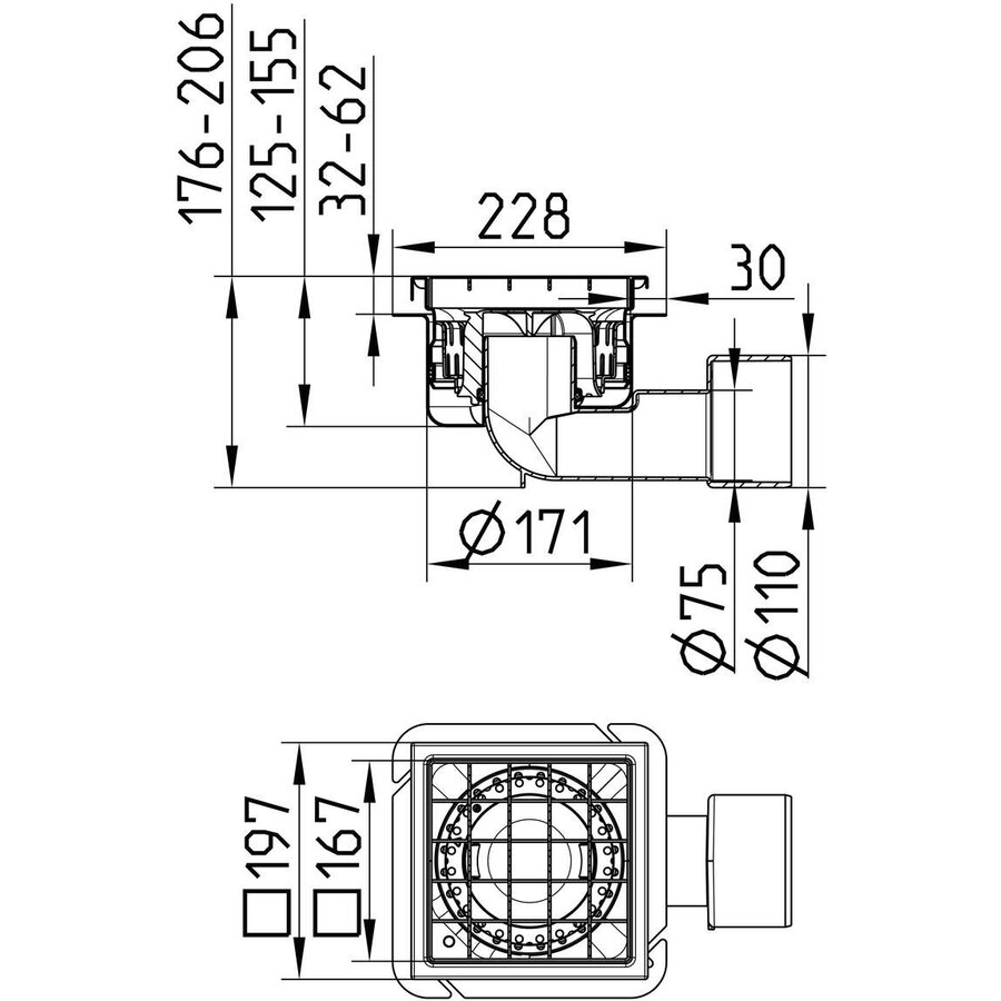 floor drain | 197x197mm | stainless steel 304 | 1.50 l/s - 2.00 l/s