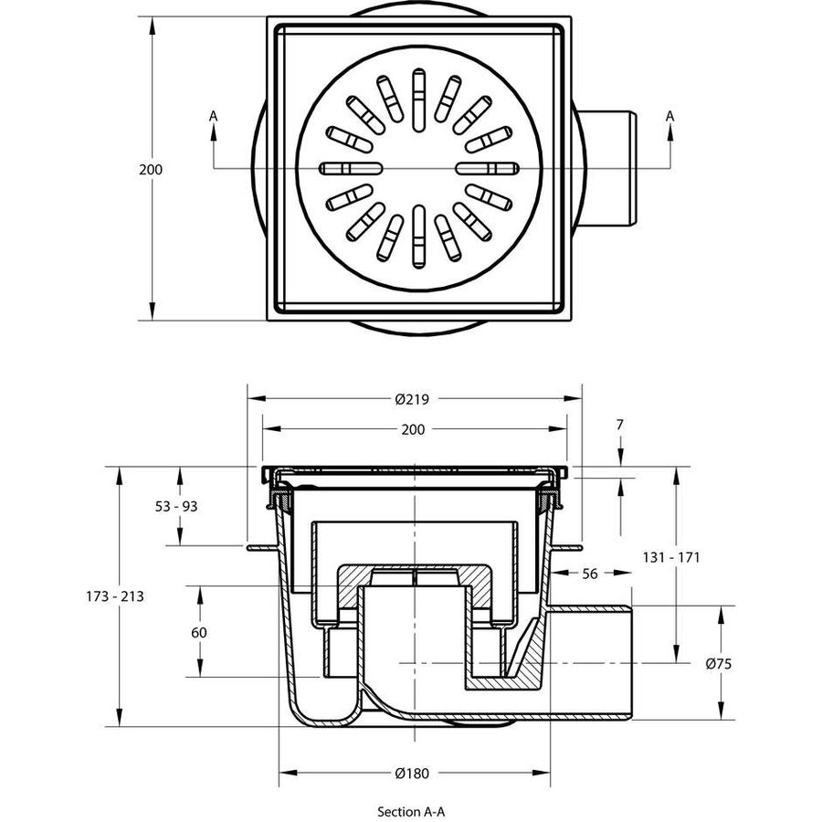 Floor drain | 200 x 200 mm | stainless steel 304 | horizontal connection | 1.30 l/s