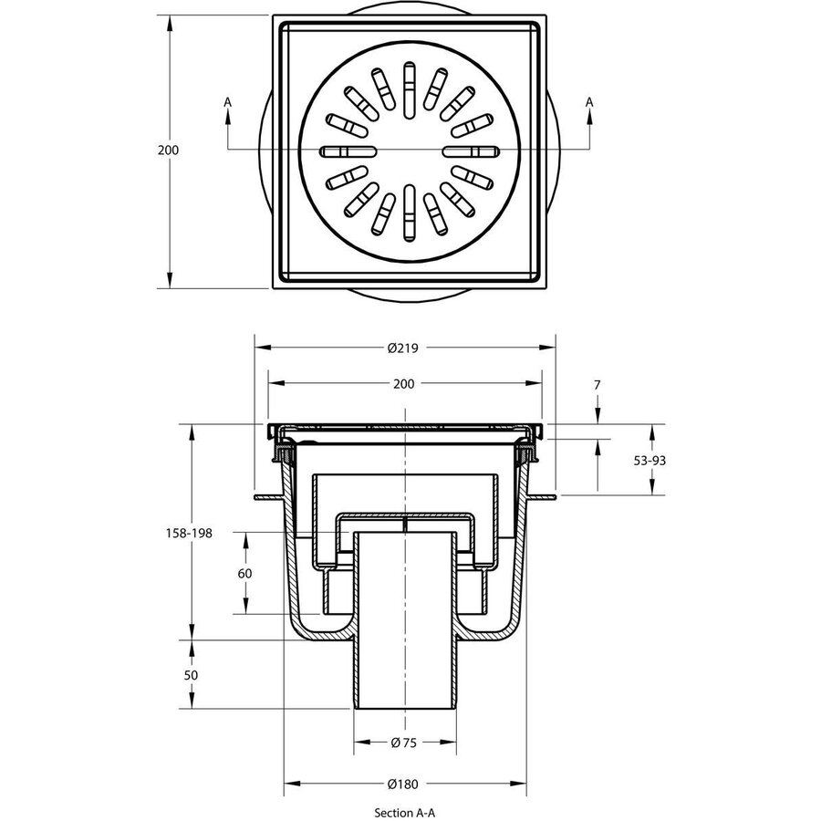 Vloerput | 200  x 200 mm | RVS 304 | verticale aansluiting  | 1,60 l/s