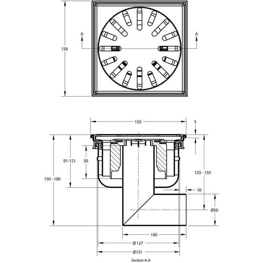 Vloerput | 150 x 150mm | RVS 304 | horizontale aansluiting  | 1,30 l/s