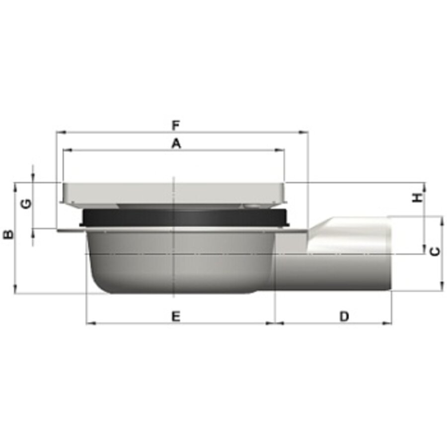 Bodenablauf | 150 x 150 mm | Edelstahl 304 | horizontale Verbindung | 0,70 l/s