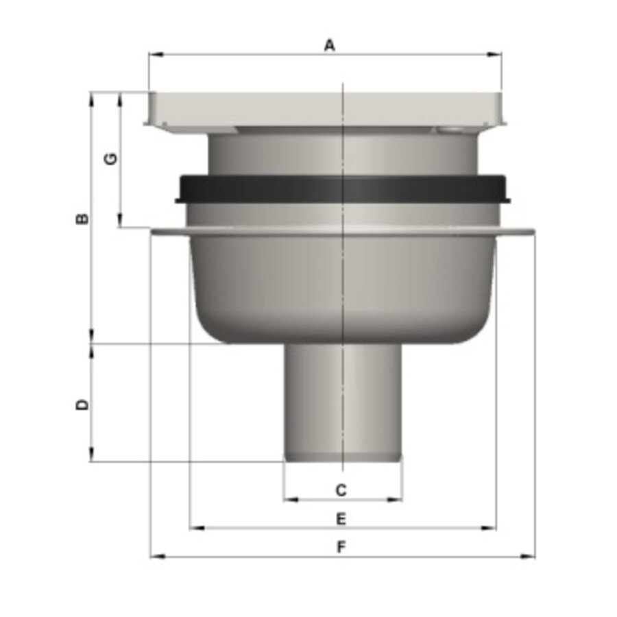 Vloerput | 150 x 150 mm | RVS 304 | verticale aansluiting  | 1,00 l/s