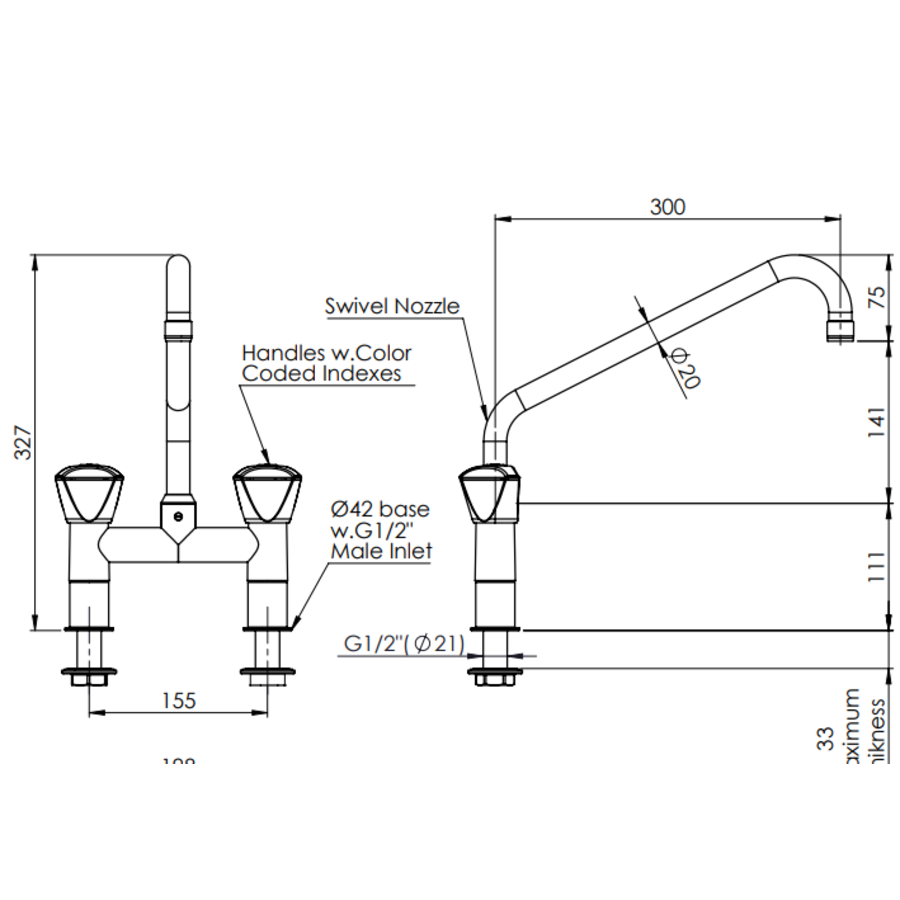 Mixing Slew Tap | stainless steel | 30 x 32.7cm | Water connection 1/2