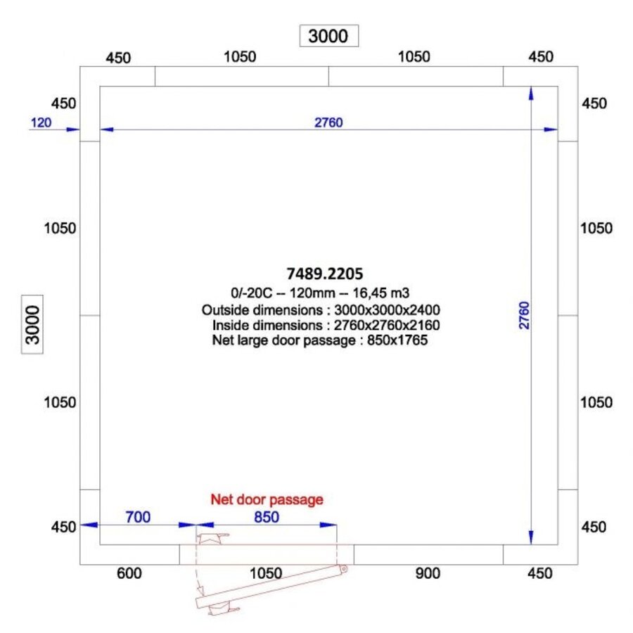 cold room + plug-in motor | +0/+5°C | 300 x 300 x 240 cm