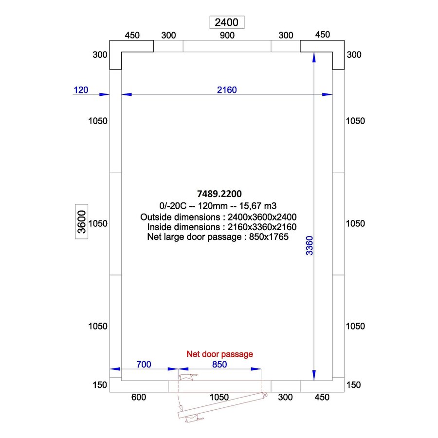 cold room + plug-in motor | +0/+5°C | 240 x 360 x 240 cm