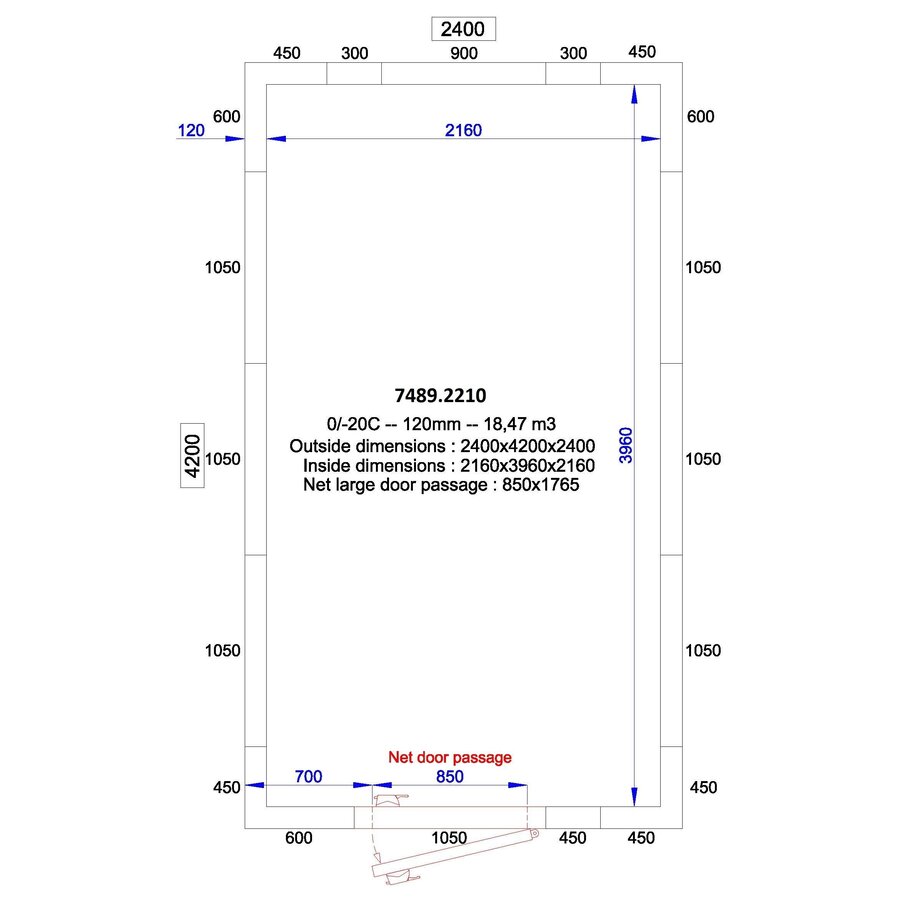 cold room + plug-in motor | +0/+5°C | 240 x 420 x 240 cm