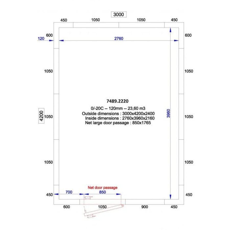 cold room + plug-in motor | +0/+5°C | 300 x 420 x 240 cm