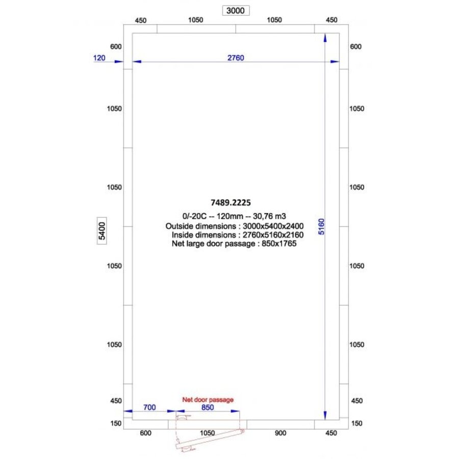 cold room + plug-in motor | +0/+5°C | 300 x 540 x 240 cm