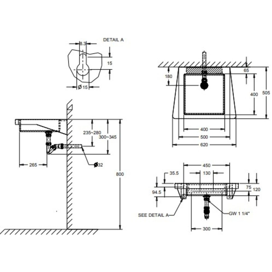 Vandalism-proof stainless steel sink 62x50.5 cm (WxD)