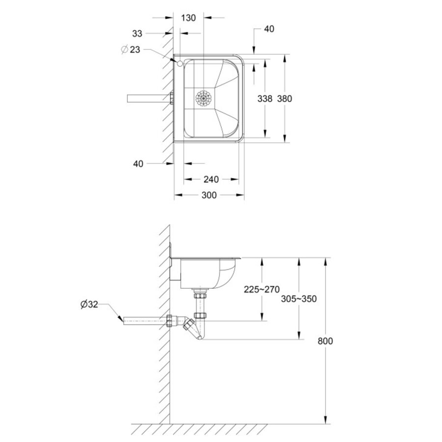 Wall-mounted washbasin | Stainless steel | 376x299x190mm