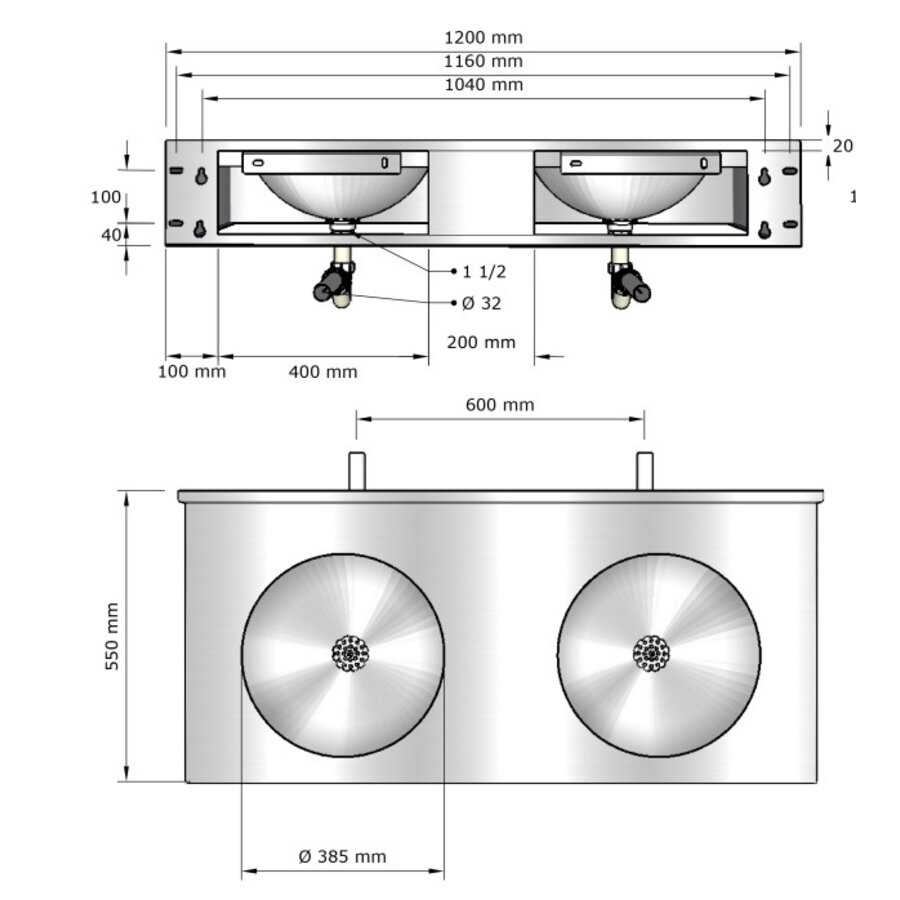 meervoudige wastafel | RVS | D 565 x H 200 mm