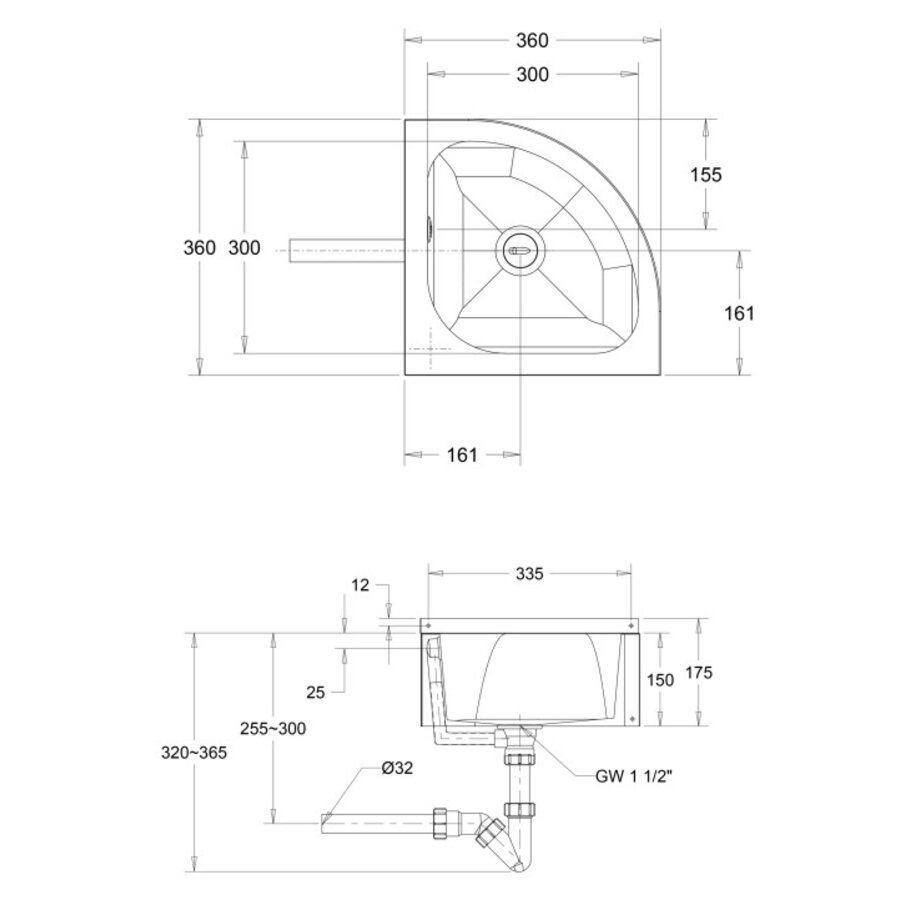 Hoekwastafel | RVS | B 360 x D 360 x H 175 mm