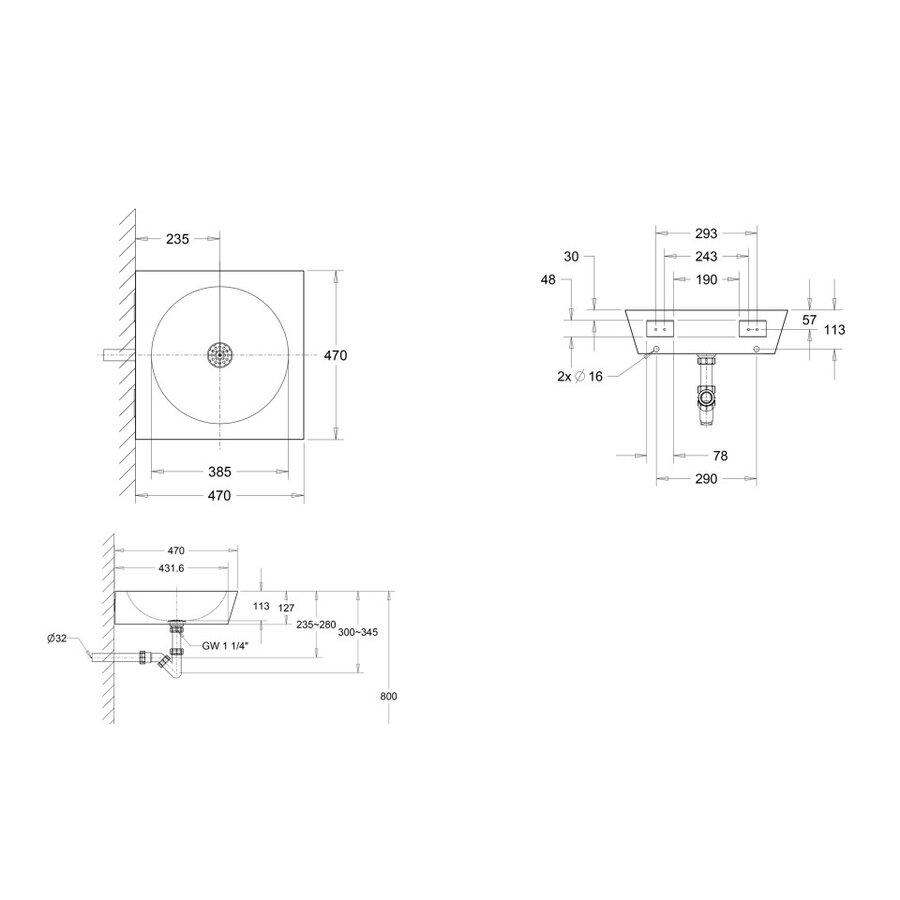 Wall-mounted washbasin | Stainless steel | thickness 1.2mm