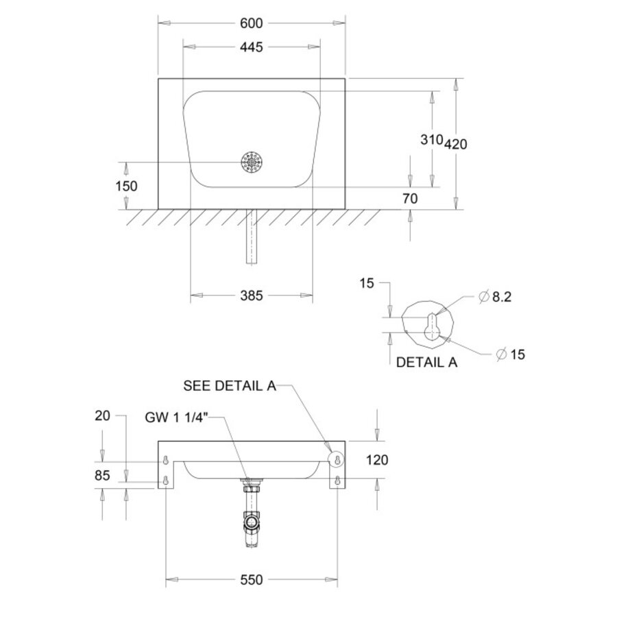 Wall-hung washbasin | stainless steel | thickness 1.3mm