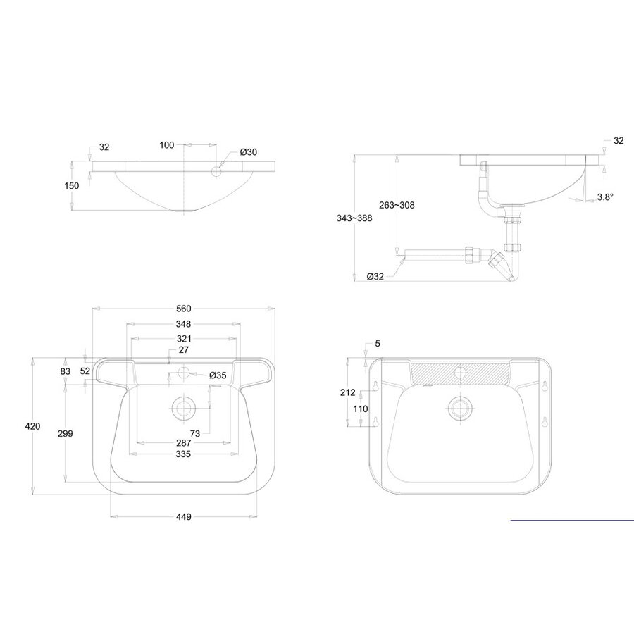 Wandwaschbecken | Mit Anschlag | Edelstahl | 560 x 420 x (h)150 mm | 2 Modelle