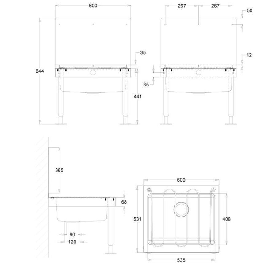 Uitgietbak | RVS | 600 x 530 x(h)844 mm