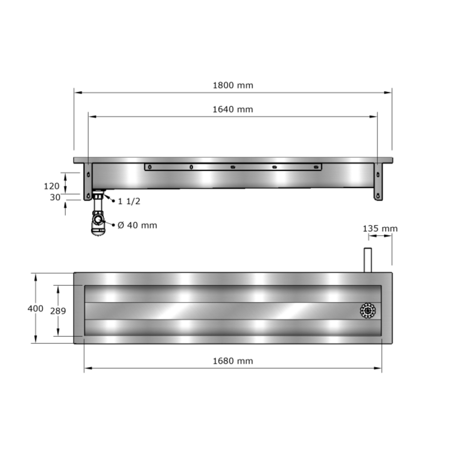 Wastrog Wasbak | RVS  | 180(b)x40(d)x24(h) cm