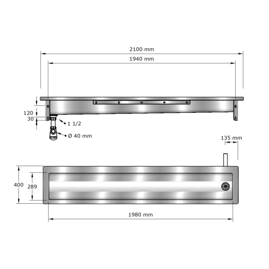 Wastrog Wasbak | RVS | 210(b)x40(d)x24(h)cm