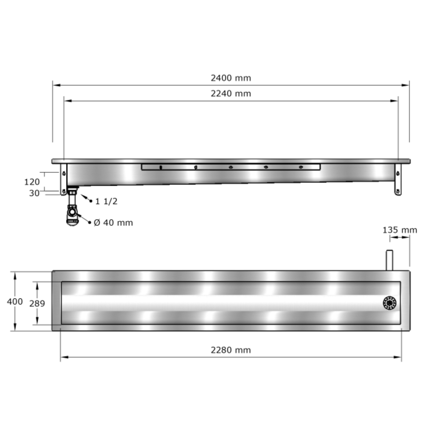 Washing trough Washbasin | Stainless steel | 240(w)x40(d)x24(h) cm