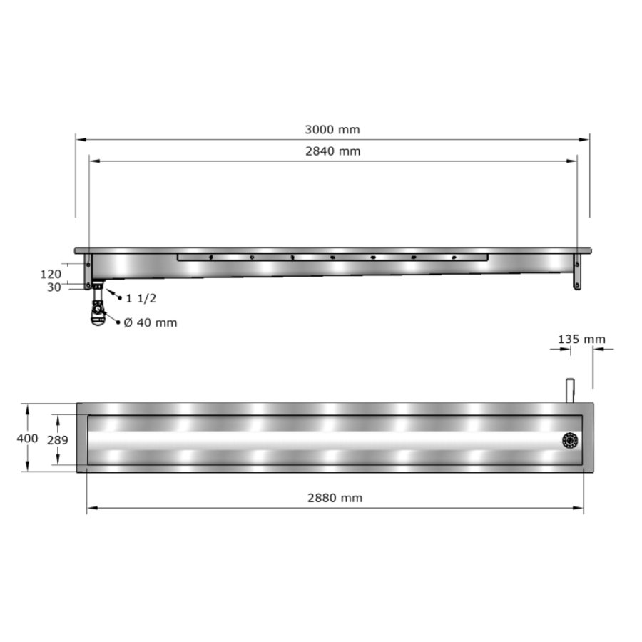 Washing trough Washbasin | Stainless steel | 300(w)x40x24(h) cm