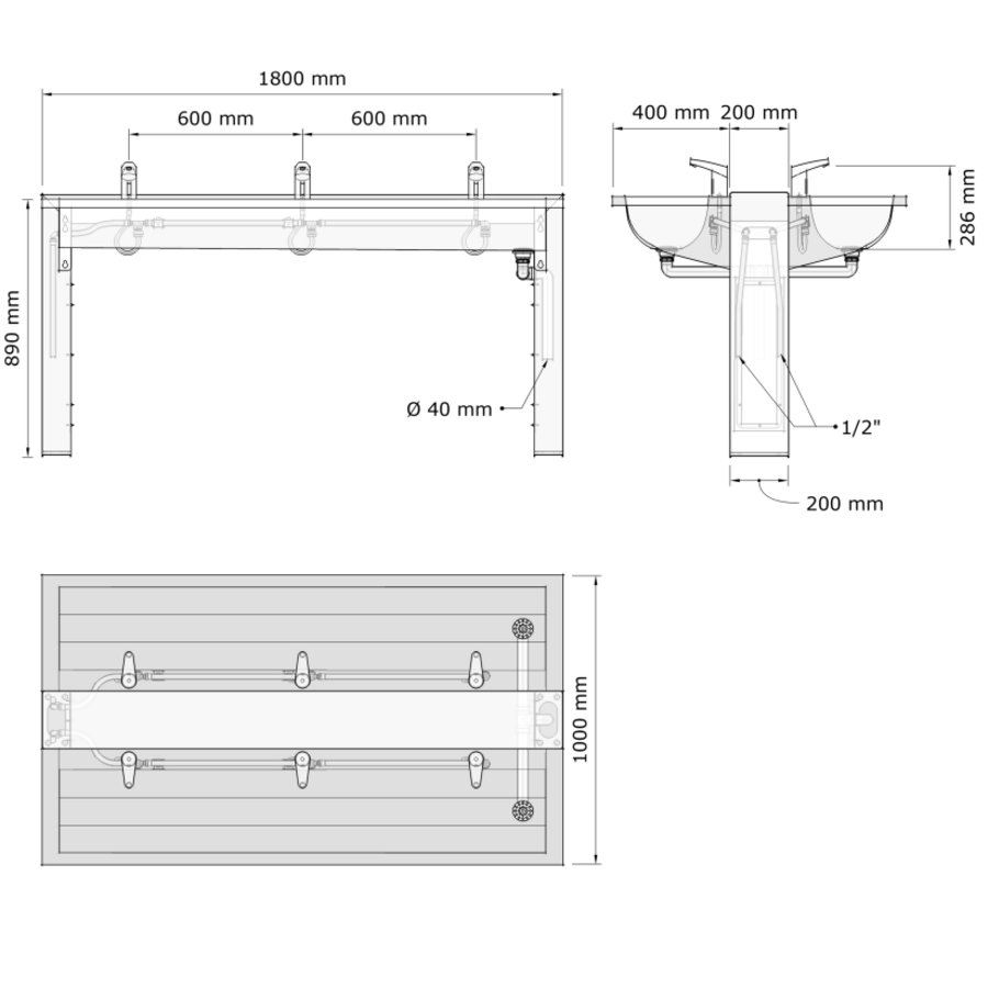 Waseiland van RVS | 1220(b)x1000(d)x890(h) mm | 4 of 6 plaatsen