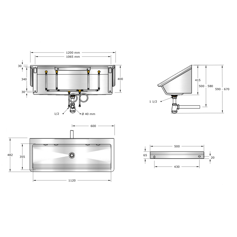 Lavoir | acier inoxydable | 1200 x 475 x 425 mm | 4 tailles