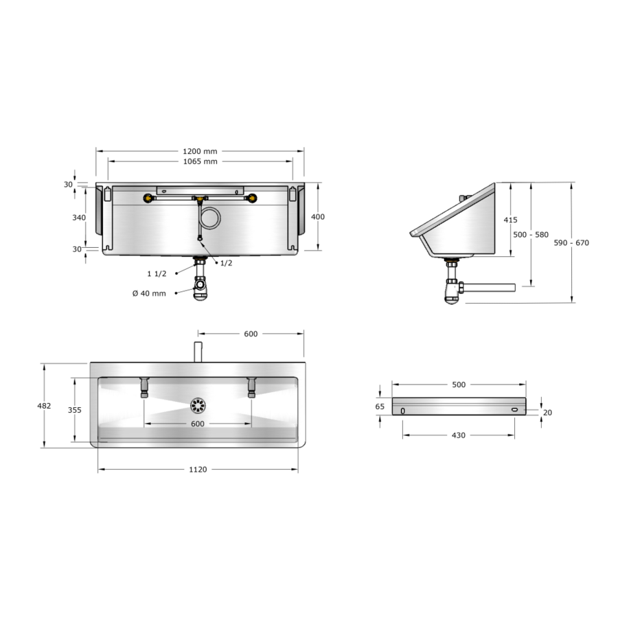 Washing trough | Stainless steel | Including taps | 4 formats