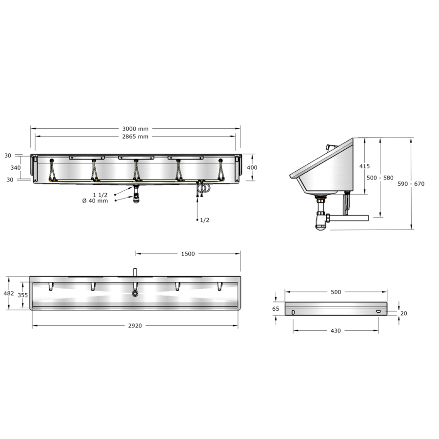 Washing trough | Stainless steel | Including taps | 4 formats