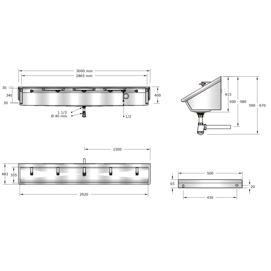 Washing trough | Stainless steel | Including taps | 4 formats