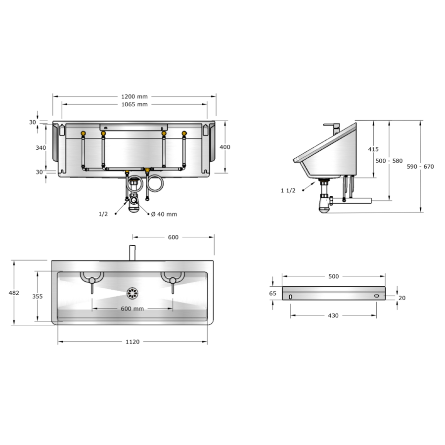 Washing trough | Stainless steel | Including taps | 4 formats