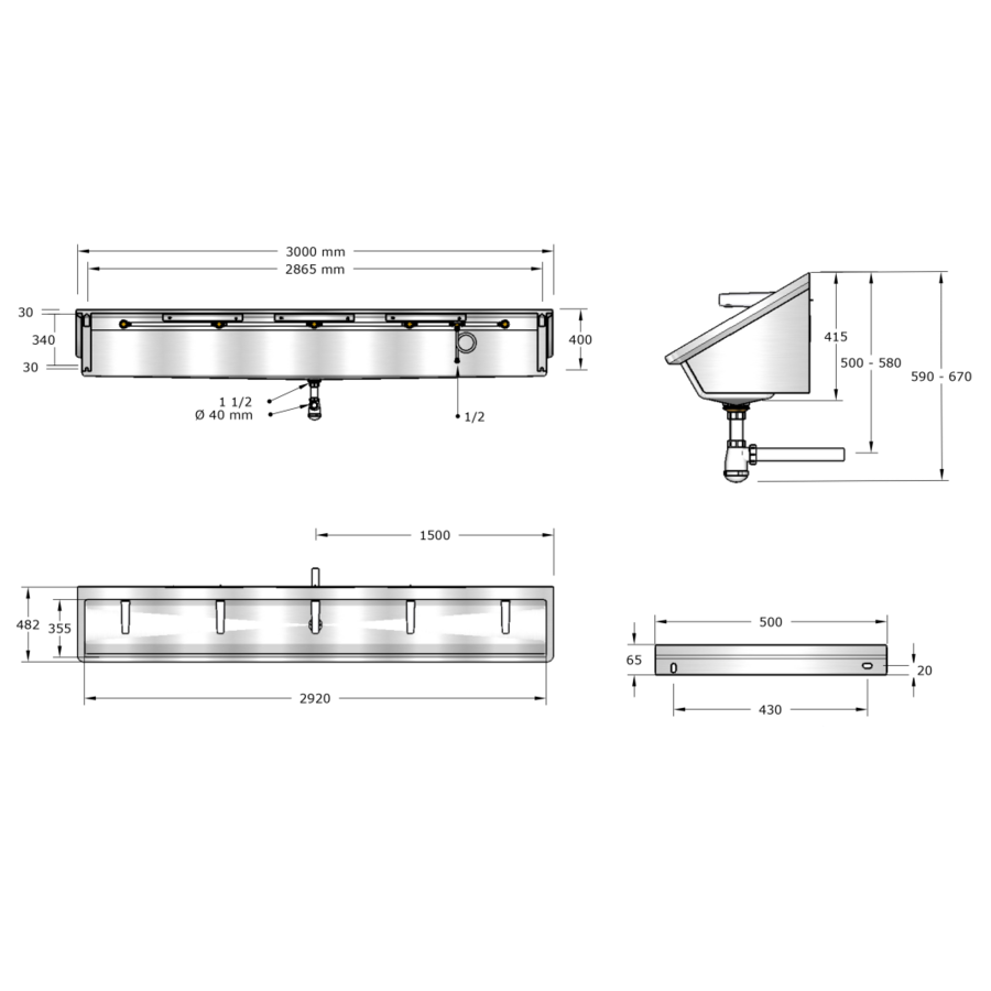 Washing trough | Stainless steel | Including taps | 4 formats